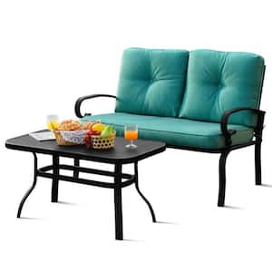 2-Piece Metal Patio Conversation Set Loveseat Bench Table Furniture Set with Turquoise Cushioned Chair