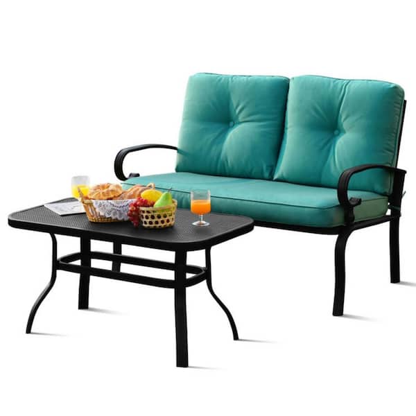 Clihome 2-Piece Metal Patio Conversation Set Loveseat Bench Table Furniture Set with Turquoise Cushioned Chair