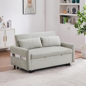 55 in. Pull Out Sleeper Sofa Bed Beige Microfiber Loveseats Couch with Adjsutable Backrest,Pockets,Pillows for Apartment