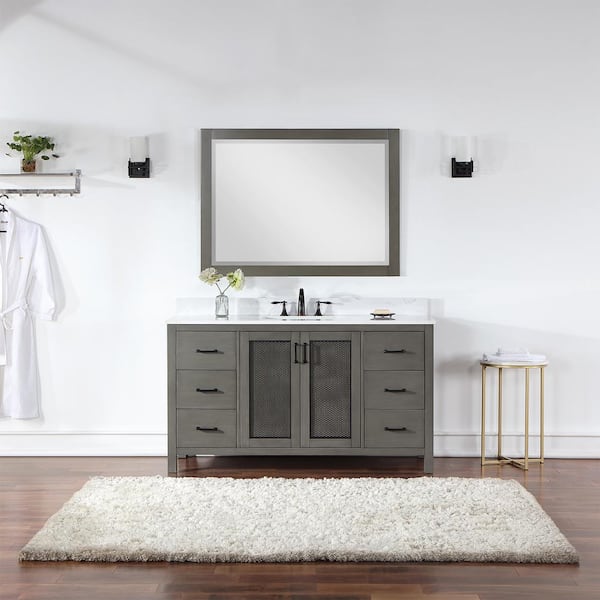 Altair Hadiya 60 in. W x 22 in. D x 34 in. H Single Sink Bath Vanity in Gray Pine with White Composite Stone Top and Mirror