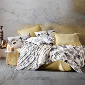 Black Cubes Cotton Duvet Cover Set Beige Full Size Duvet Cover 1-Duvet Cover 1-Fitted Sheet and 2-Pillowcases