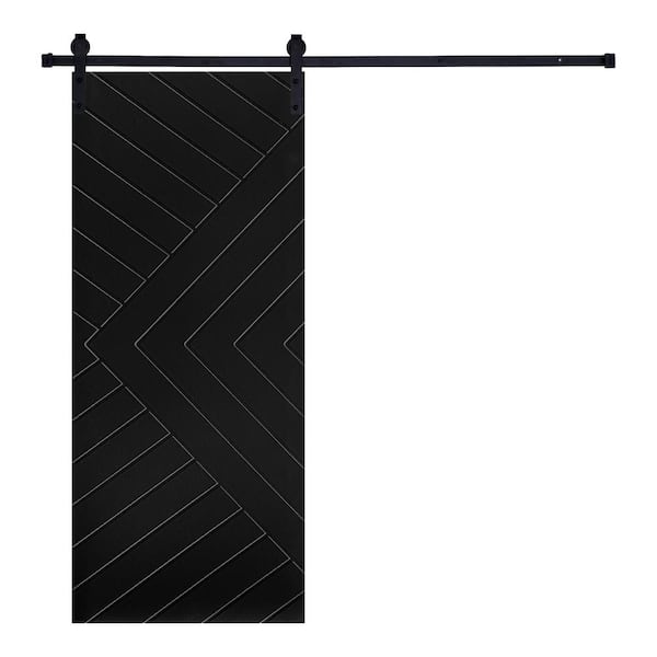 AIOPOP HOME Modern Chevron Designed 24 in. x 80 in. MDF Panel Black Painted Sliding Barn Door with Hardware Kit