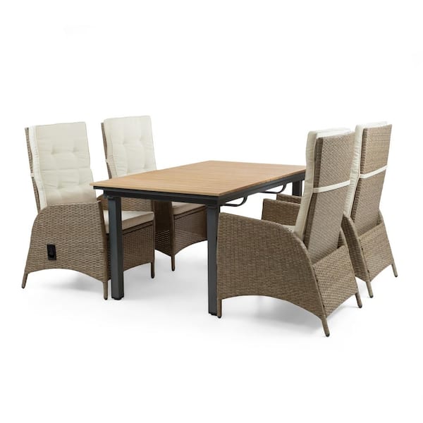 GREEMOTION Garda 5-Piece Teak Wood Rectangle Outdoor Dining Set with Beige Cushions and Reclining Chairs