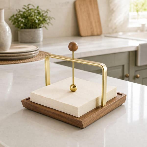 Wudkey Wood Napkin Holder Dispenser for Table, Square Tabletop Servilleteros Para Mesas with Sophisticatedly Metal Center Bar