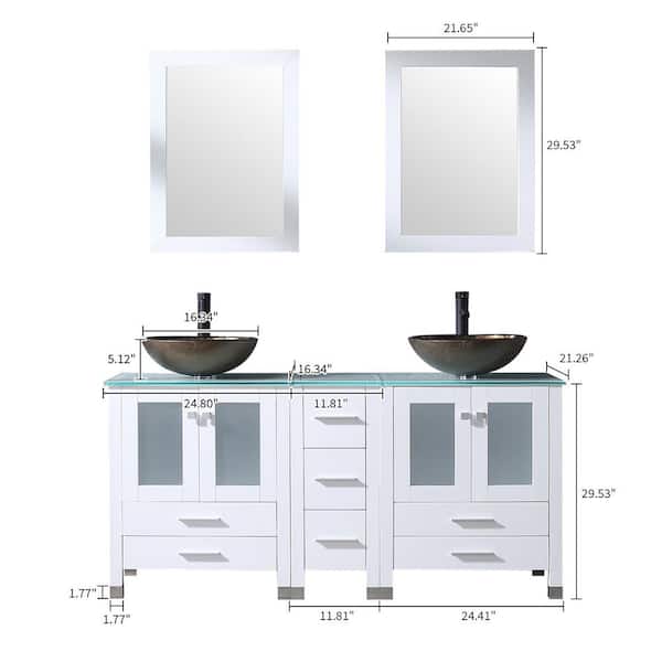 60.62 in. Double Foil Laminated Tempered Glass Black Sinks Freestanding White Bath Vanity with Green Tempered Glass Top