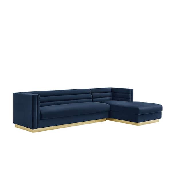 Inspired Home Annemarie 69in Width Square Arm Style Upholstered Velvet Tufted L Shaped Sofa in Blue