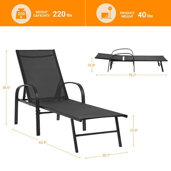 JOYESERY Outdoor Textilene Miami Adjustable Steel Chaise With Armrests Patio Lounge Chaise Chair Set (1-Pack) J-TCG11BK - Home Depot