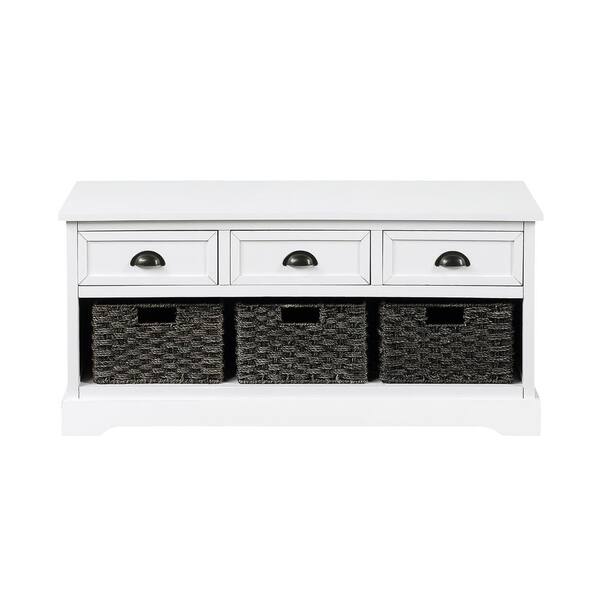 Unbranded White Storage Bench with 3-Drawers and 3-Woven Baskets (19.5 in. H x 41.9 in. W x 15.2 in. D)