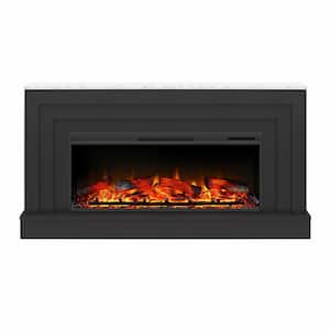 Ameriwood Home Madison Lane Wide Mantel with Linear Electric Fireplace, Black w/White Marble Top