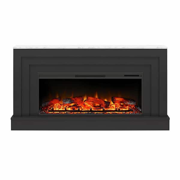 Madison Lane Wide Mantel with Linear Electric Fireplace, Black w/White Marble Top