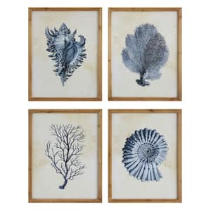 Wood Framed Home Art Print Wall Art with Blue Shells & Coral (Set of 4 Designs). 21.5 in. x 1" x 27.5"h.