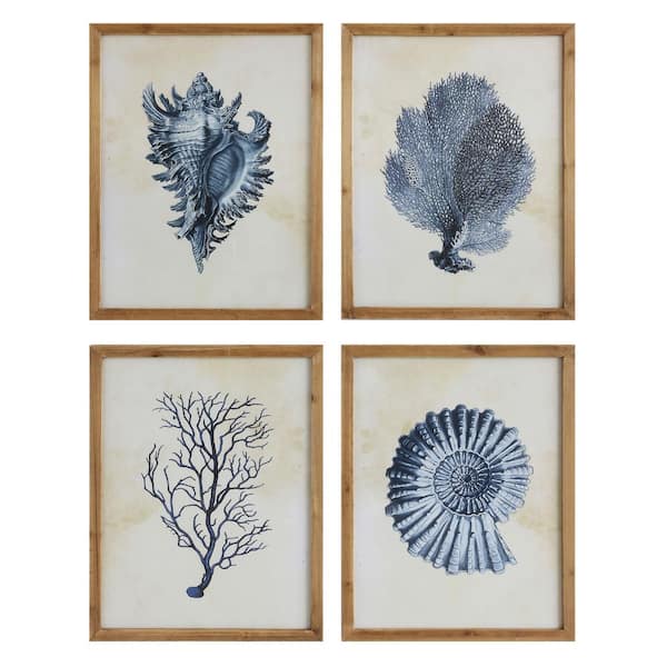 Storied Home Wood Framed Home Art Print Wall Art with Blue Shells & Coral (Set of 4 Designs). 21.5 in. x 1" x 27.5"h.