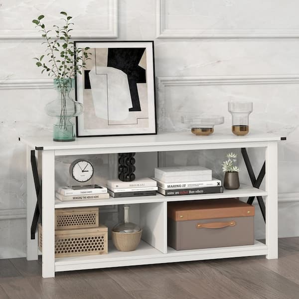 White 3-Tier Wood TV Stand Fits TVs up to 55 in. with Open Shelves and X-Shaped Frame
