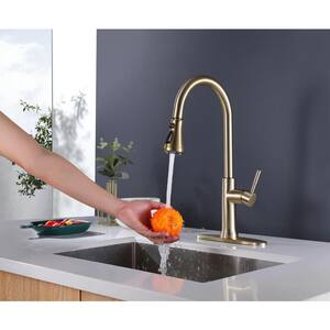 Single-Handle Pull Down Sprayer Kitchen Faucet with Advanced 3-Setting Spray in Brushed Gold