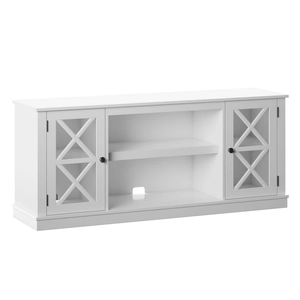 White Modern Farmhouse TV Stand with Glass Doors and Fireplace