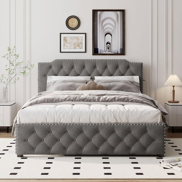Gray Wood Frame Queen Size Platform Bed with Twin Size Trundle and 2 Sets Of Usb Ports On Each Side