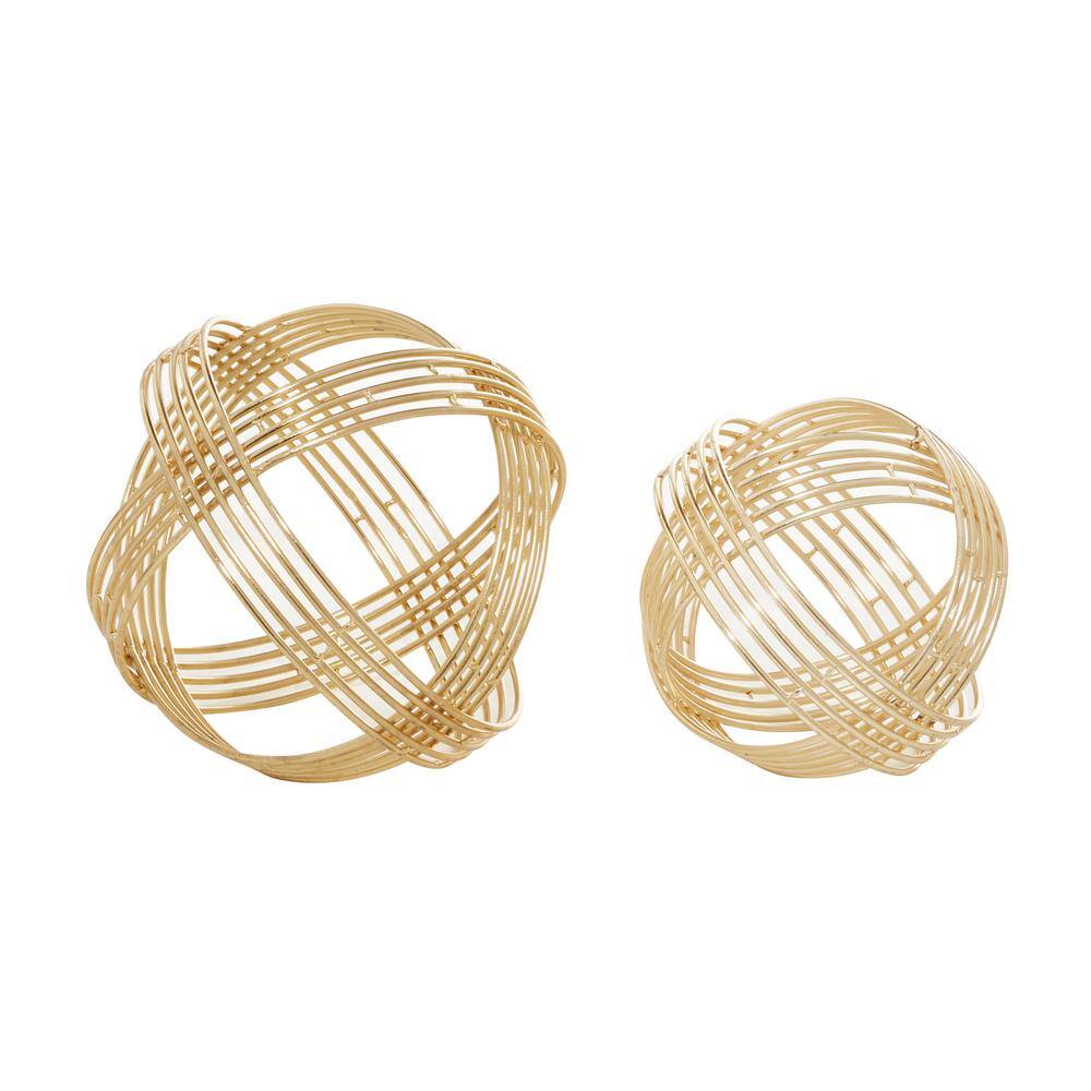 Elegant Gold Geometric Metal Orb Sculptures, Set of 2