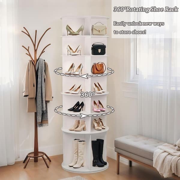72.44 in. H 28 shoes-Pairs 7 Tier 360° Spinning Rotating White Shoe Rack
