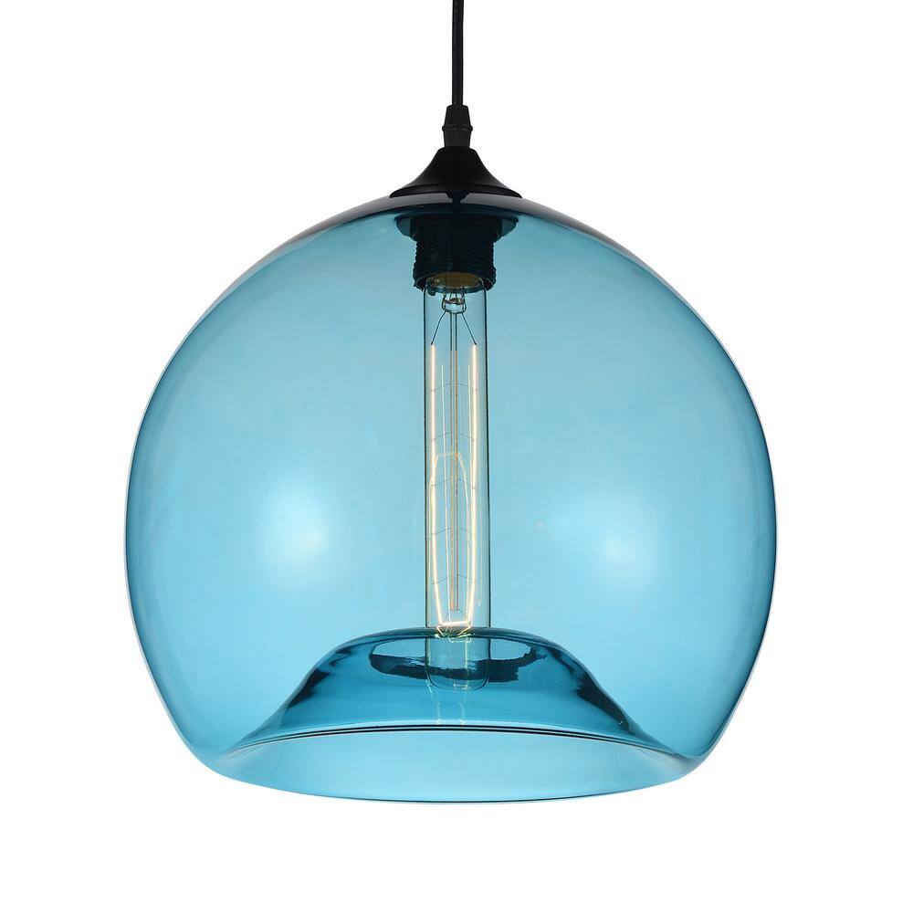 Contemporary Mini Bowl Glass Pendant in Blue with Matte Black Base