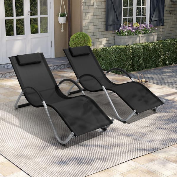 Pellebant Outdoor Metal Patio Chaise Lounge Chairs with Headrest in Black (Set of 2)