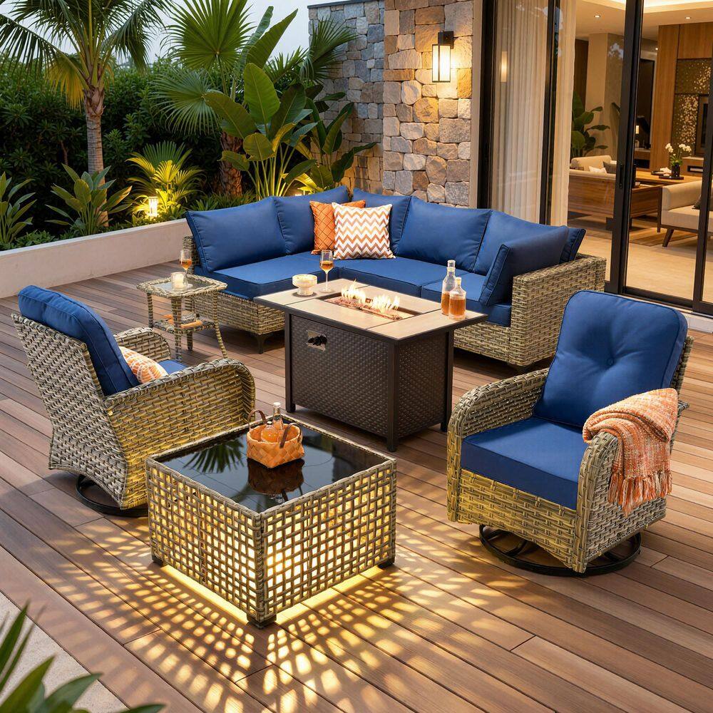 OVIOS Holly Gray 9-Piece Wicker Patio Rectangle Fire Pit Conversation ...