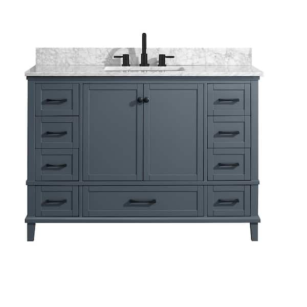 Merryfield 49 in. Single Sink Dark Blue-Grey Bath Vanity with White Carrara Marble Top (Assembled)