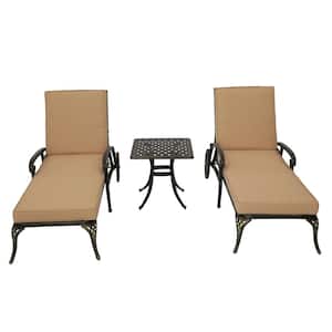 Antique Bronze 3-Piece Cast Aluminum Outdoor Lounge Chair Set with Beige Cushions and Table