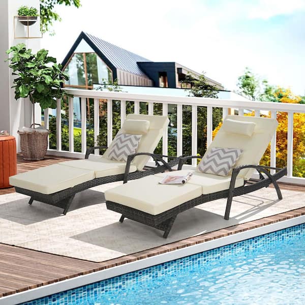 Unbranded Gray 2-Piece Wicker Outdoor Chaise Lounge Chairs Adjustable Backrest Patio Reclining Chair with Khaki Cushions