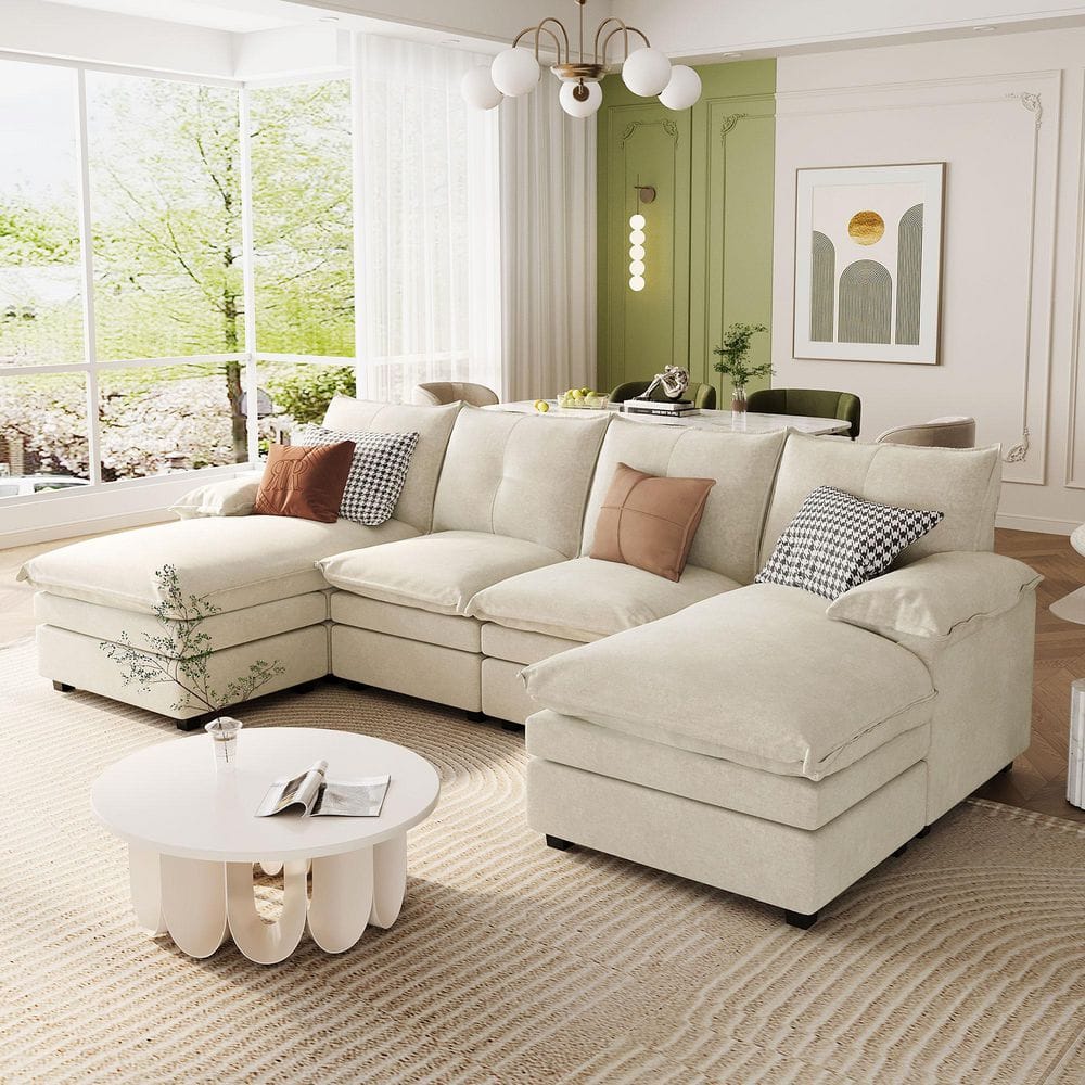 115.4 in. U-Shaped Chenille Sectional Sofa in Beige with Adjustable Armrest