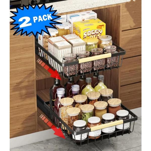 3.86 in. H x 15.56 in. W x 11.03 in. D Modern Black Metal Pull Out Cabinet Flatware Organizer, Slide Out Drawers, 2-Pack