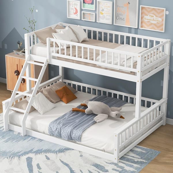 White Twin XL Over Queen Bunk bed with Ladder and Guardrails