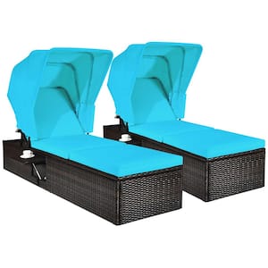 2-Pieces Rattan Patio Chaise Lounge Chair with Adjustable Canopy Turquoise Cushion