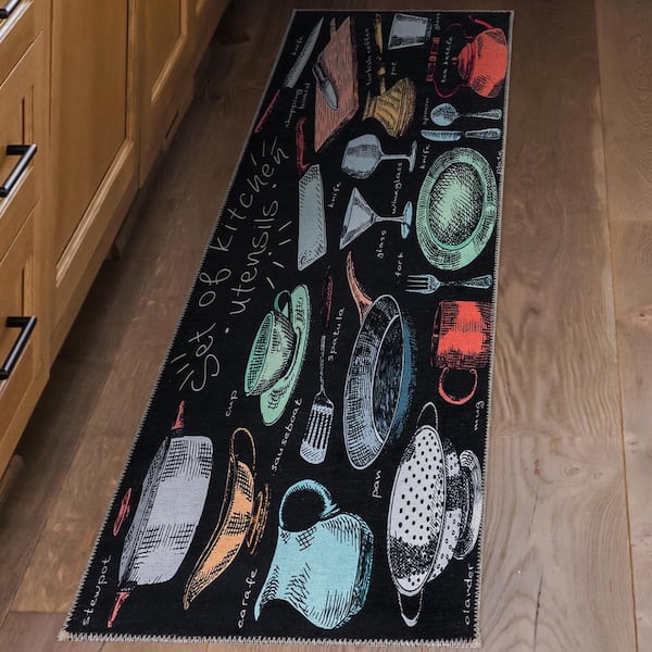 Ottomanson Non Shedding Washable Wrinkle-Free Cotton Utensils 2 x 5 Kitchen Runner Rug,1 ft. 8 in.x4 ft. 11 in., Black/Multicolor