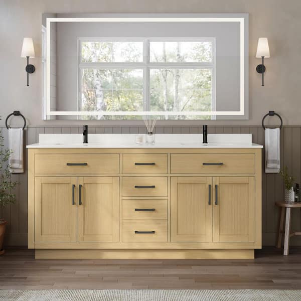Beckett TK 72 in. Double Freestanding Rift Oak with Matte Black Trim Bath Vanity with White Quartz Top