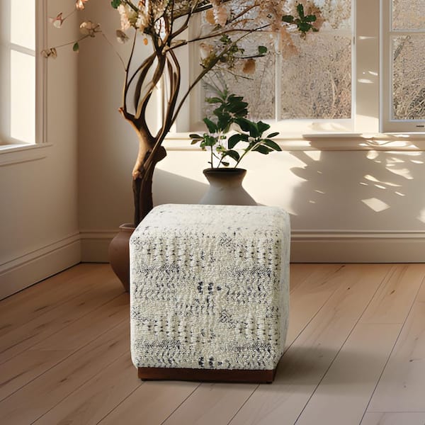 OSP Home Furnishings Square Ottoman upholstered in Woven Cotton Boho Style Multi-Colored Tapestry with Wood Base