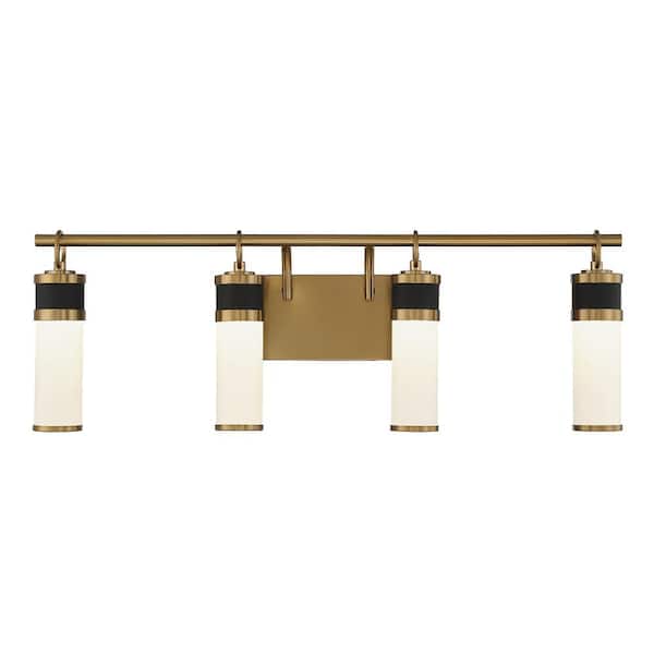 Savoy House Abel 30 in. W x 10 in. H 4-Light Matte Black/Warm Brass Integrated LED Bathroom Vanity Light with Frosted Glass Shades