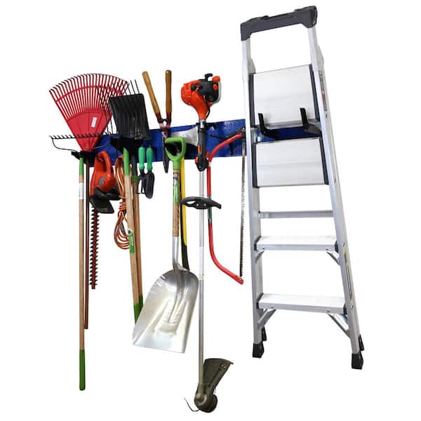 8 in. H x 64 in. W Garage Tool Storage Lawn and Garden Tool Organizer Rack with Blue Metal Pegboard and Black Hook Set