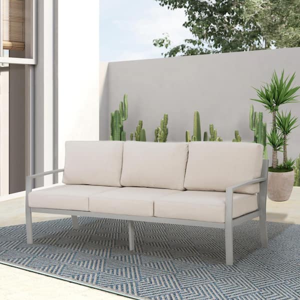 SUNVIVI Aluminum Patio Sofa Outdoor Couch with Beige Cushions