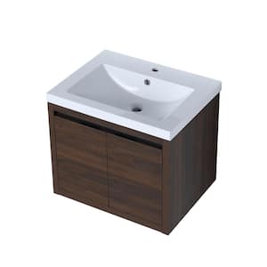 PLAIN 23.6 in. W x 18.1 in. D x 20.5 in. H Single Sink Floating Bath Vanity in Dark Walnut with White Gel Sink Top
