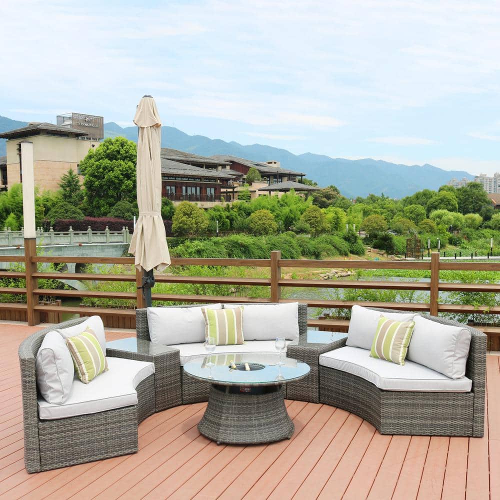 Gray 6-Piece Wicker Patio Conversation Set with Gray Cushion