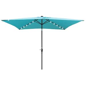 10x6.5ft. Blue Steel Solar LED Lighted Market Umbrella with Crank&Push Button Tilt for Garden Backyard Swimming Pool
