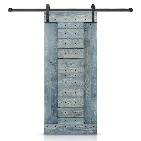 CALHOME 24 in. x 84 in. Denim Blue Stained DIY Knotty Pine Wood Interior Sliding Barn Door with Hardware Kit