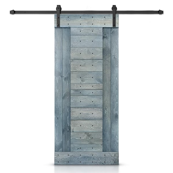 CALHOME 30 in. x 84 in. Denim Blue Stained DIY Knotty Pine Wood Interior Sliding Barn Door with Hardware Kit