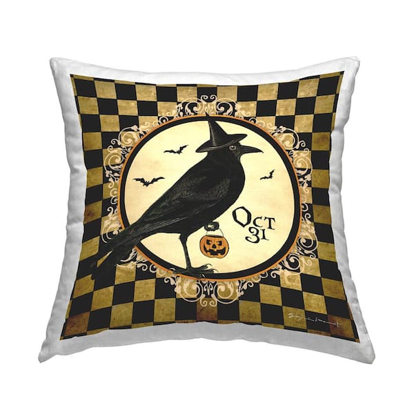 Stupell Industries Oct 31 Halloween Crow Patterned Gold Print Polyester 18in. X 18in. Throw Pillow