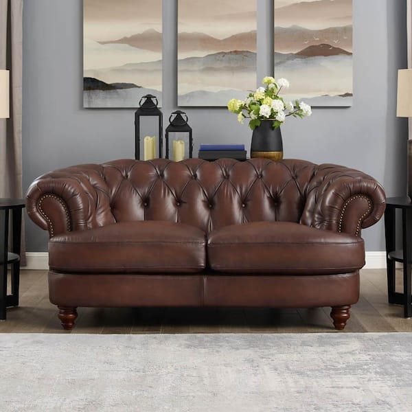 Hydeline Alton Bay Top Grain Leather Chesterfield Loveseat - Caramel Brown