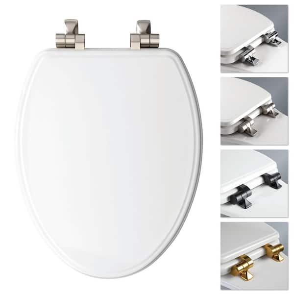 Weston Elongated Soft Close Enameled Wood Closed Front Toilet Seat in White Never Loosens Brushed Nickel Metal Hinge