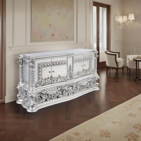Vera Platinum Gray Wood 23 in. Sideboard Buffet Console with Platinum Floral Scroll