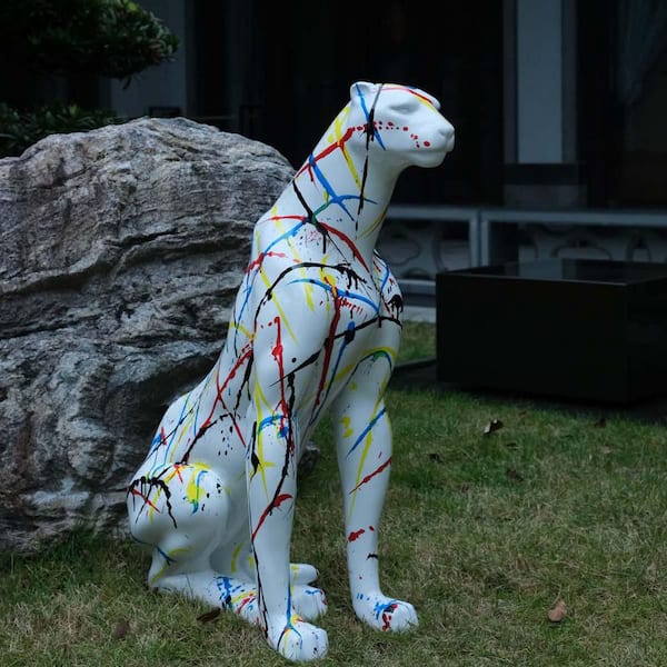 Unbranded 31.5 in. H Large Leopard Sculpture Outdoor Leopard Statues Home Decor Modern Colour Resin Cheetah Accent Figurine