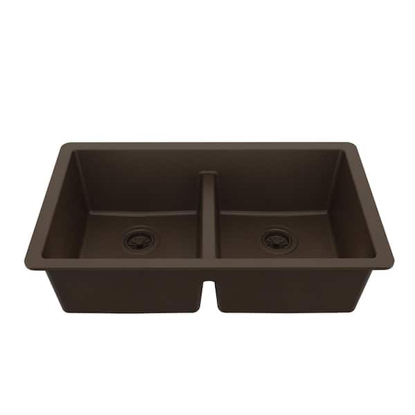 Quartz Brown 32 in. 50/50 Double Bowl Composite Undermount Kitchen Sink