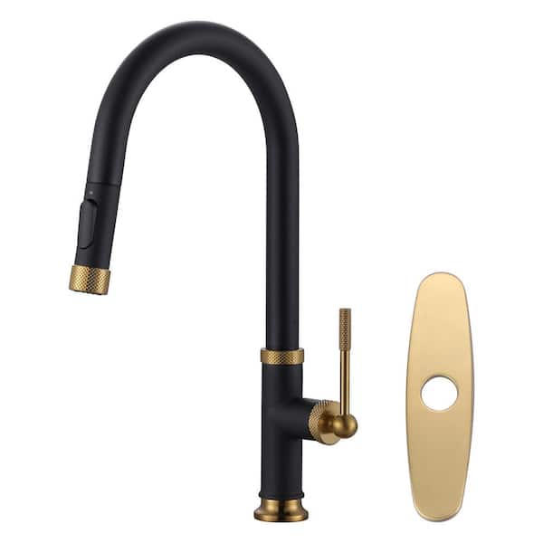 Slim Single Handle Pull Down Sprayer Kitchen Faucet with Deckplate in Gold and Black